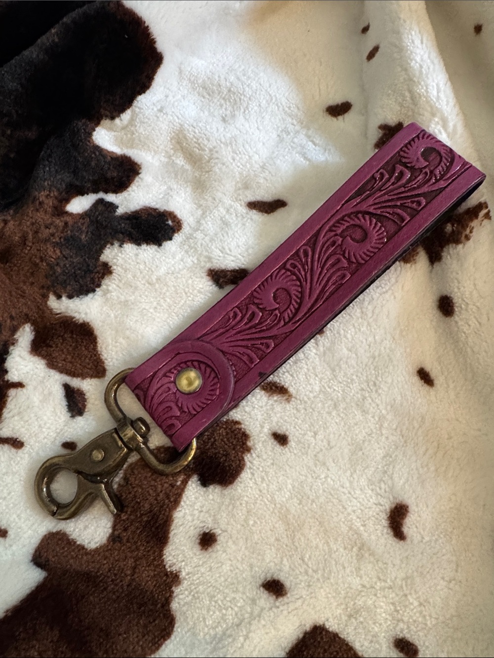 Embossed Leather Key Wristlet - Plum